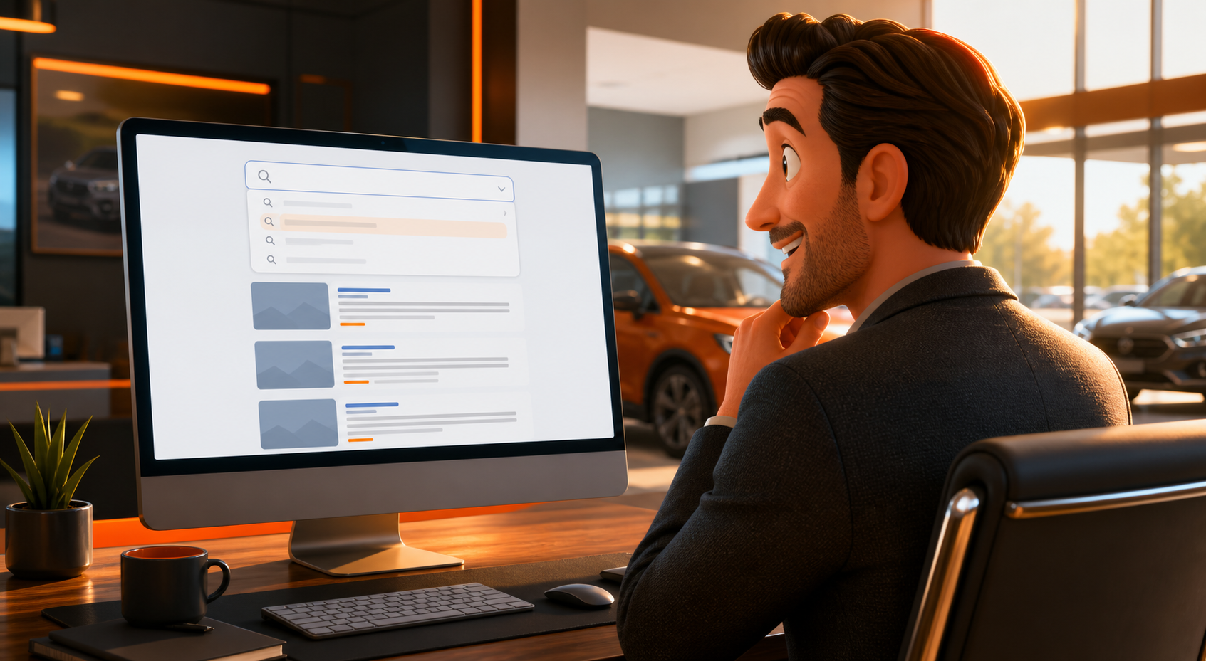 Dealership manager viewing a search page on a desktop computer
